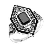 Esse Marcasite Sterling Silver Black Spinel Marcasite & Black Enamel Art Deco Ring, Gemma, Spinelle