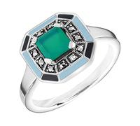Esse Marcassite en argent sterling avec calcédoine verte coupe carrée et émail détaillé Art Déco bague, Gemma, Calcédoine