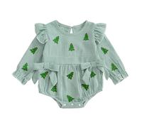 ESSECMBS Body de Noël Bébé Fille Rayé Motifs Festifs avec Patch Arbre de Noël, Manches Volantées et Langues, Coupe Ample, 0-18 Mois, Vert et Rouge (Vert, 6-12 Mois)