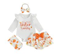 ESSECMBS Ensemble 4 Pièces Bébé Fille Halloween, Body Manches Longues Citrouille/Fantôme et Jupe-Culotte Volant à Nœud avec Collants et Bandeau,0-18 Mois, Orange/Violet (Orange, 12-18 Mois)