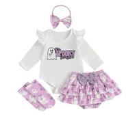 ESSECMBS Ensemble 4 Pièces Bébé Fille Halloween, Body Manches Longues Citrouille/Fantôme et Jupe-Culotte Volant à Nœud avec Collants et Bandeau,0-18 Mois, Orange/Violet (Violet, 6-12 Mois)