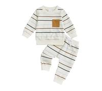 ESSECMBS Ensemble Bébé Garçon 2 Pièces, Sweat Rayé à Manches Longues avec Poche Camel + Pantalon à Cordon de Serrage Automne Hiver Vêtements (Blanc, 12-18 Mois)