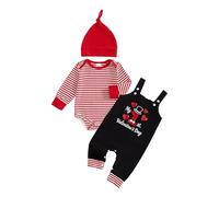 ESSECMBS Ensemble Bébé Garçon 3 Pièces Valentine, Body Rayé à Manches Longues, Salopette Noir/Rouge avec Bonnet, Vêtements Nouveau-né (Noir-A, 6-12 Mois)