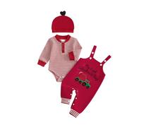 ESSECMBS Ensemble Bébé Garçon 3 Pièces Valentine, Body Rayé à Manches Longues, Salopette Noir/Rouge avec Bonnet, Vêtements Nouveau-né (Rouge, 6-9 Mois)