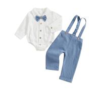 ESSECMBS Ensemble Coton 3 Pièces Bébé Garçon Costume Bapteme : Body Chemise à Manches Longues avec Nœud Papillon + Pantalon à Bretelles Vêtement Mariage Bébé 0-18 Mois (Bleu, 12-18 Mois)