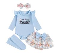 ESSECMBS Ensemble de la Saint-Valentin Bébé Fille 4 Pièces : Body Blanc à Manches Longues avec Broderie de Lettres + Jupe à Volants + Bandeau + Chaussettes Collection Automne (Bleu, 0-3 Mois)