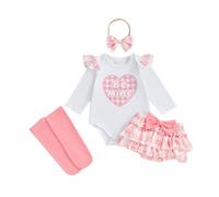 ESSECMBS Ensemble de la Saint-Valentin Bébé Fille 4 Pièces : Body Blanc à Manches Longues avec Broderie de Lettres + Jupe à Volants + Bandeau + Chaussettes Collection Automne (Rose-A, 0-3 Mois)