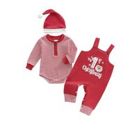ESSECMBS Ensemble de Noël Bébé Garçon 3 Pièces Barboteuse Rayé à Manches Longues + Salopette avec Motif 'My 1st Christmas' + Chapeau Vêtements de Noël (Rouge-B, 9-12 Mois)