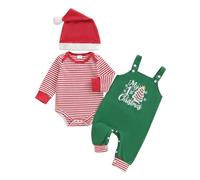 ESSECMBS Ensemble de Noël Bébé Garçon 3 Pièces Barboteuse Rayé à Manches Longues + Salopette avec Motif 'My 1st Christmas' + Chapeau Vêtements de Noël (Rouge-A, 6-12 Mois)