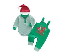 ESSECMBS Ensemble de Noël Bébé Garçon 3 Pièces Barboteuse Rayé à Manches Longues + Salopette avec Motif 'My 1st Christmas' + Chapeau Vêtements de Noël (Vert-B, 0-3 Mois)