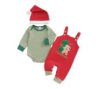 ESSECMBS Ensemble de Noël Bébé Garçon 3 Pièces Barboteuse Rayé à Manches Longues + Salopette avec Motif 'My 1st Christmas' + Chapeau Vêtements de Noël (Vert-A, 12-18 Mois)