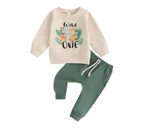 ESSECMBS Ensemble de vêtements pour bébé garçon Son 1er premier anniversaire 2 pièces Animaux de dessin animé Lettres Un imprimé Sweat-shirt à manches longues Pantalon avec cordon de serrage Un an