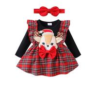 ESSECMBS Ensemble Élégant de Noël 2 Pièces pour Fille, Robe de Noël pour Bébé avec Broderie de Renne à Manches Longues, Robe Élégante pour Bébé, Robe de Princesse pour Enfant + Bandeau, rouge, 3-6