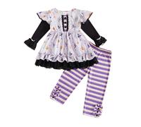 ESSECMBS Ensemble Halloween Bébé Fille 2 Pièces Motifs Citrouilles et Toiles d'Araignée, Robe à Manches Longues et Volantes, Legging Rayé, 6 Mois-4 Ans, Violet et Blanc (Violet, 6-12 Mois)