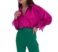 ESSECMBS Femme Chemise Satin à Manches Longues avec Plumes Chemisier Lisse Fermeture des Bouton Blouse Top Chic et Elégant (Rose, M)