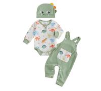 ESSECMBS Lot de 3 combinaisons pour nouveau-né masculines de combinaison de dinosaure pour enfant barboteuse à manches longues Bodysuit avec boutons+pantalon avec bretelles+chapeau de dinosaure, vert