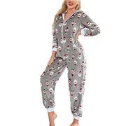 ESSECMBS Pyjama de Noël Une Pièce pour Femme Combinaison Polaire à Manches Longues Col en V Motif Festifs avec Fermeture Éclair Vêtement de Nuit Hiver Multicolore Tailles S-XXL (Gris, XL)