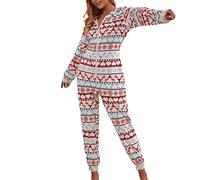 ESSECMBS Pyjama de Noël Une Pièce pour Femme Combinaison Polaire à Manches Longues Col en V Motif Festifs avec Fermeture Éclair Vêtement de Nuit Hiver Multicolore Tailles S-XXL (Bleu Rouge Blanc, S)