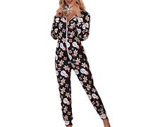 ESSECMBS Pyjama de Noël Une Pièce pour Femme Combinaison Polaire à Manches Longues Col en V Motif Festifs avec Fermeture Éclair Vêtement de Nuit Hiver Multicolore Tailles S-XXL (Noir, L)