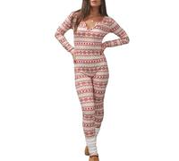 ESSECMBS Pyjama Une Pièce pour Femme Combinaison Pyjama de Noël à Manches Longues Col en V Imprimé Carreaux à Flocons de Neige - Vêtement de Nuit Collection Automne (Rouge, XL)