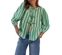 ESSECMBS T-shirt à Manches Longues Femme Sexy T-Shirt Chemisier Rayé Ouvert sur le Devant Cravate Slim Chemises Couleur Unie Rayures Gilet Tops Sexy Casual Shirts Court Élégant, vert, X-Large