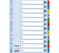Esselte Intercalaires A4 1-12, Touches et Bande Perforée Renforcées en Mylar, Carton Résistant, Bleu, 12 Onglets avec Table des Matières, 100162