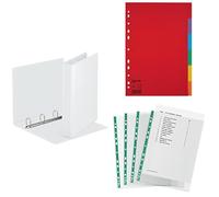 Esselte 49717 Classeur 4 anneaux A4, Capacité de 280 feuilles, Blanc + Intercalaires A4 6 Touches,100200 + 100 Pochettes Perforées A4, 34 Microns, grainées, 628531