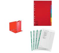 Esselte 49717 Classeur 4 anneaux A4, Capacité de 280 feuilles, Rouge + Intercalaires A4 6 Touches,100200 + 100 Pochettes Perforées A4, 34 Microns, grainées, 628531