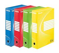Esselte Boîte à Archive Standard, 80 mm, A4, Boîte Transfert, Carton Ondulé Sans Acide, Lot de 4, Capacité 600 Feuilles, Montage rapide et facile, Couleurs Assorties, 128409
