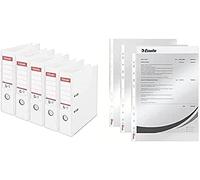 Esselte, N°1 Power, Pack de 5 Classeurs à levier, Blanc, Dos 75mm, A4, PP, 162510 + Esselte, Pochettes Perforées A4, Lisse Transparente, Polypropylène 43 Microns, Lot de 100, 13089