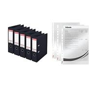 Esselte, N°1 Power, Pack de 5 Classeurs à levier, Noir, Dos 75mm, A4, PP, 162570 + Esselte, Pochettes Perforées A4, Lisse Transparente, Polypropylène 43 Microns, Lot de 100, 13089