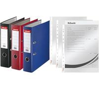 Esselte | Pack de 3 Classeurs à levier A4 | Dos 75mm | PP | Bleu Noir et Rouge | 628327 + Esselte |Pochettes Perforées A4 | Lisse Transparente | Polypropylène 43 Microns | Lot de 100 |13089