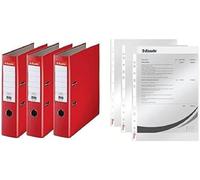 Esselte | Pack de 3 Classeurs à levier A4 | Dos 75mm | PP |Rouge | 624292 + Esselte |Pochettes Perforées A4 | Lisse Transparente | Polypropylène 43 Microns | Lot de 100 |13089
