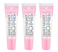 essence BIRTHDAY BOMB gloss brillant, transparent, naturel, brillant, éclatant de fraîcheur, scintillant, vegan, lot de 3 (3 x 10 ml)