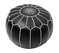 ESSENCE OF MOROCCO Pouf marocain en cuir véritable noir et blanc cousu à la main avec motif Marrakech brodé (housse uniquement)