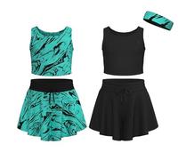 Essenclo Flowy Girls Butterfly Shorts Skirts w/Pockets & Athletic Sleeveless Tank Tops, Dance Tennis Cheer Running (5pc Set) - E2106 - Set-12-9-10