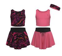 Essenclo Flowy Girls Butterfly Shorts Skirts w/Pockets & Athletic Sleeveless Tank Tops, Dance Tennis Cheer Running (5pc Set) - E2106 - Set-13-3-4