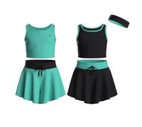 Essenclo Flowy Girls Butterfly Shorts Skirts w/Pockets & Athletic Sleeveless Tank Tops, Dance Tennis Cheer Running (5pc Set) - E2106 - Set-2-13-14