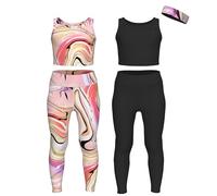 Essenclo Girls Athletic Leggings Yoga Pants w/Sleeveless Crop Tank Tops for Kids Workout Cheer Dance Run Sizes 3-16, 5pc Set - E2110 - Set-11-5-6