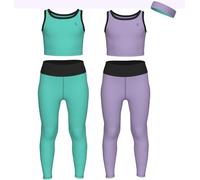 Essenclo Girls Athletic Leggings Yoga Pants w/Sleeveless Crop Tank Tops for Kids Workout Cheer Dance Run Sizes 3-16, 5pc Set - E2110 - Set-15-13-14