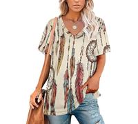 Essential T-Shirt Col en v à Manches Courtes Coupe Classique Femme,Été Chemisier Chic Blouse Attrape-Rêves Plumes Rond Grande Taille Polyester 3XL