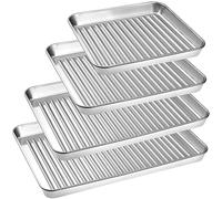 Essentials Lot de 4 plaques de cuisson antiadhésives en acier inoxydable, faciles à nettoyer, pour la cuisson et le rôtissage, plaque de cuisson rectangulaire, design ondulé (grande taille)