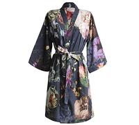 ESSENZA Kimono Fleur Bleu Nuit, S - 100 % satin de coton - Fleurs pivoines tulipes
