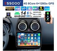 ESSGOO【8core 6+128G】 Android14 Autoradio pour Nissan Qashqai J10 06-16 CarPlay/Android Auto sans fil GPS WiFi BT cam antenne câble