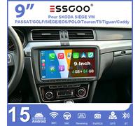ESSGOO Autoradio Android 15 9 pouces 4+64G pour VW Golf 5 6 Passat Polo Touran Tiguan Caddy Eos T5 Seat Skoda, Carplay sans fil, Android Auto, GPS, Navi, RDS, FM, Wifi, Bluetooth, Mirror Link, 4-64G M