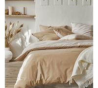 ESSIX - Parure de lit Bicolore en Coton, taies Rectangles, Bons Jours - 240 x 220 cm - Beige Sable/Beige Crème - Coton - 57 Fils/cm² - Entretien Facile