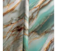 ESSMOKO Papier peint autocollant en PVC effet marbre vert doré pour salle de bain cuisine épais imperméable et résistant à l'huile granit vert jaune 40 * 300 cm