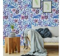 ESSMOKO Papier Peint hydrosol coloré pour plantes et fleurs décoration murale pour salon chambre à coucher bureau colombe bleue fleur de pêcher 45 * 600cm