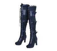 ESSUE Bottines Femme Talons Boots Cuir Bleu 41 EU Steampunk Vintage Goth Motard Talon Bloc Cuissarde Fermeture éclair Hiver Femme