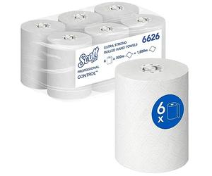 Essuie-mains roulés Scott Control 6626 - Extra-résistant - 6 x rouleaux de 300 m d'essuie-mains en papier blanc (1 800 m au total)